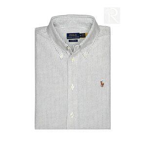 NWT Polo Women LS Classic Fit Oxford Shirt Navy/White Stripe MSRP $128.00